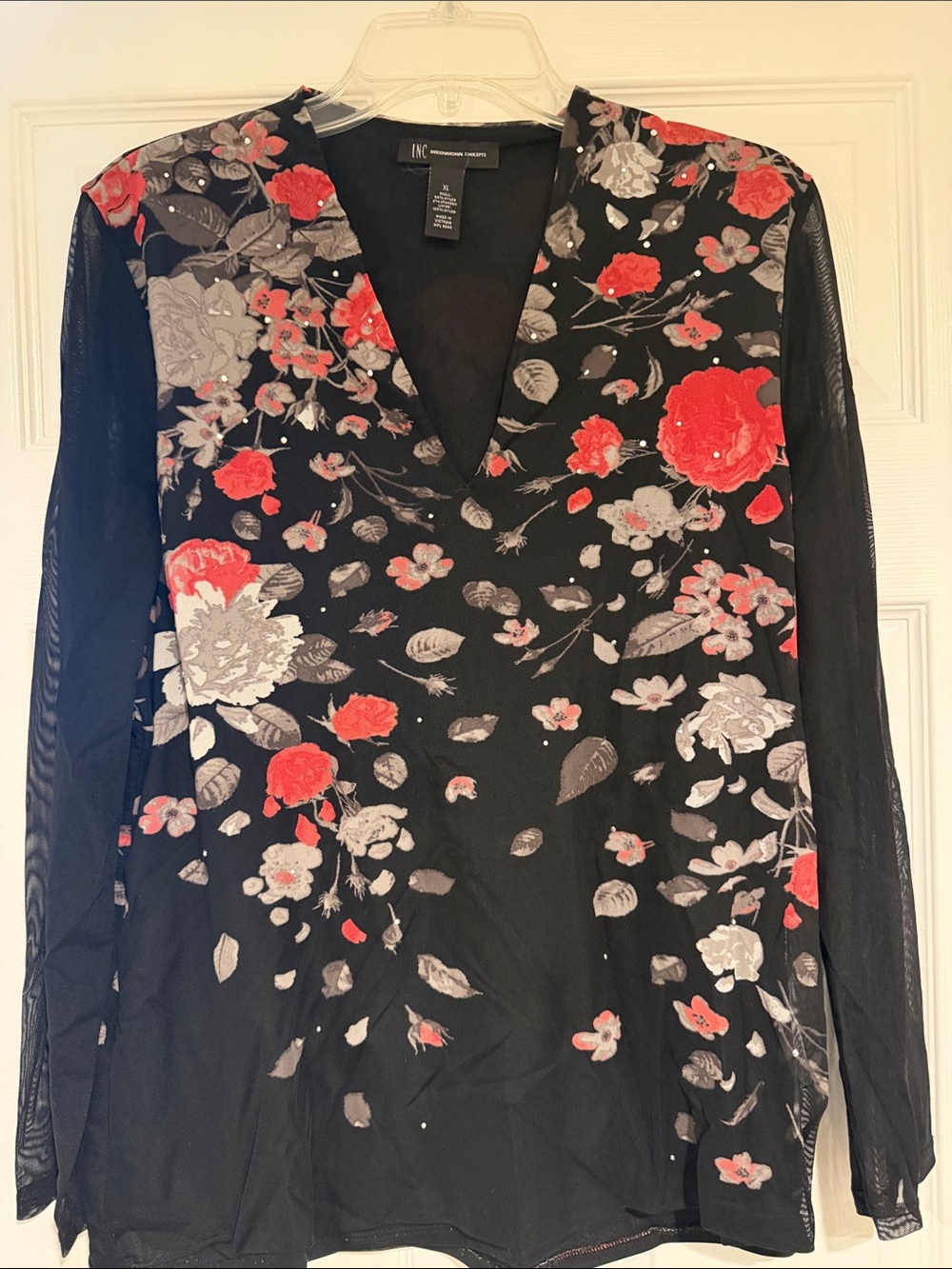 INC International Concepts Black Floral V-Neck Blouse with Red Accents XL